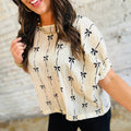 Beige Bow Print Puff Short Sleeve Top - Damesmode Afbeelding 2 - Foto 2