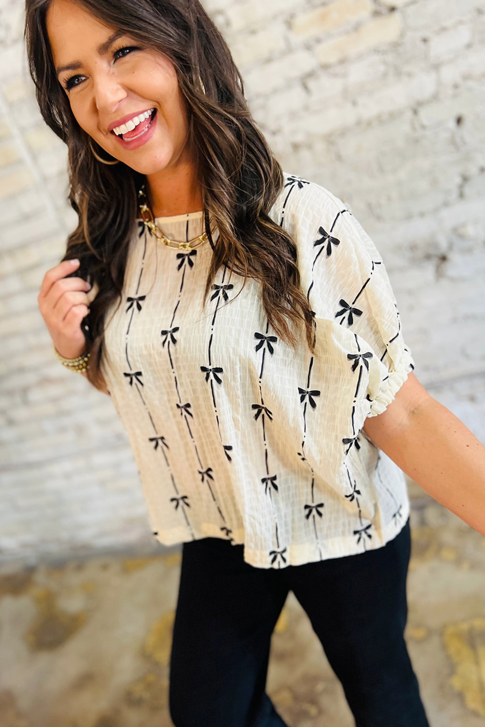 Beige Bow Print Puff Short Sleeve Top - Damesmode Afbeelding 2
