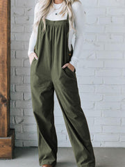 Jungle Green Button Adjustable Straps Solid Color Corduroy Jumpsuit - Miniatuur