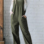 Jungle Green Button Adjustable Straps Solid Color Corduroy Jumpsuit
