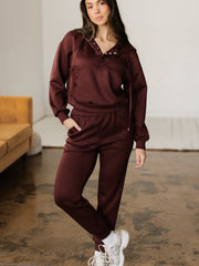 Chicory Coffee Button Kordelzug, geschnittener Hoodie Jogger 2 Stück Set - Miniatuur