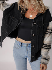 Black Plaid Sleeve Frayed Hem Hooded Denim Jacket - Damesmode Afbeelding 4 - Miniatuur