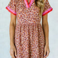 Khaki Leopard High Waist Ruffled Colorblock Trim Short Dress - Foto 1