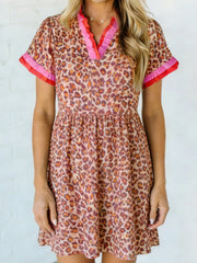 Khaki Leopard High Waist Ruffled Colorblock Trim Short Dress - Miniatuur