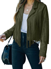 Green Cropped Fringe Faux Suede Jacket - Miniatuur