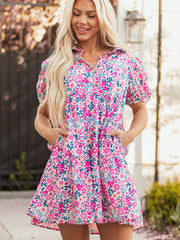 Rosa blommig klänning med halv placket och kortärmad lös klänning - Miniatuur