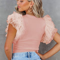 Black Dotty Mesh Ruffle Sleeve Ribbed Knit Top - Damesmode Afbeelding 5 - Foto 5