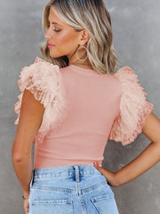 Black Dotty Mesh Ruffle Sleeve Ribbed Knit Top - Women's Fashion Image 5 - Miniatuur
