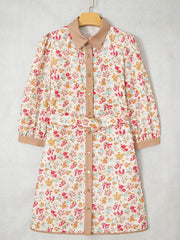 Orangefarbener Floral-Print Farbblock-Kanten-Hemd mit 3/4-Ärmeln, Mini-Gürtel-Kleid - Miniatuur