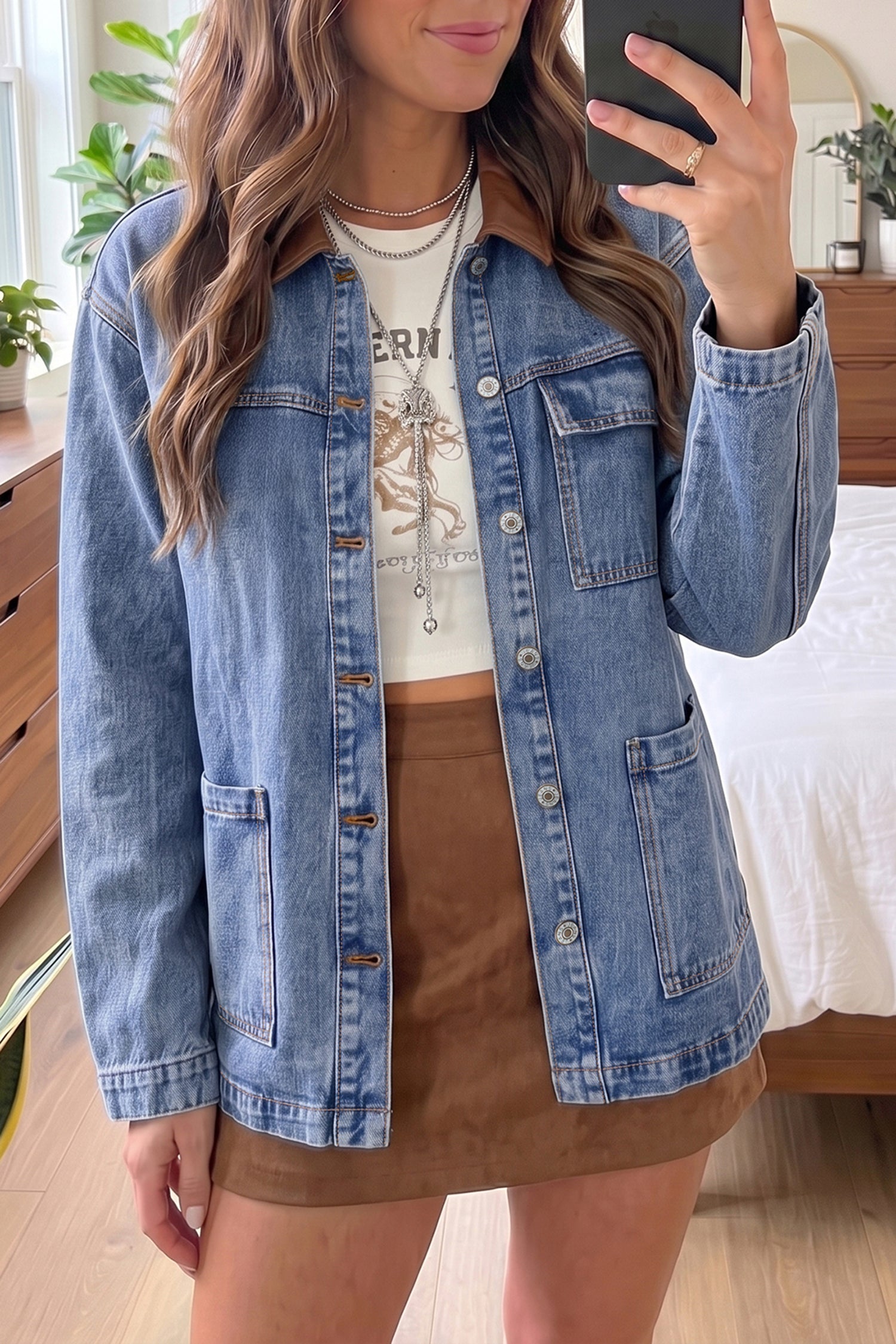 Himmelblauer Patchwork-Lederkragen-Langarm-Jeansjacke