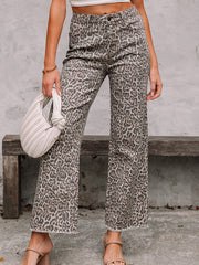 Brown Leopard Frayed Edge Wide Leg High Waist Jeans - Damesmode Afbeelding 1 - Miniatuur