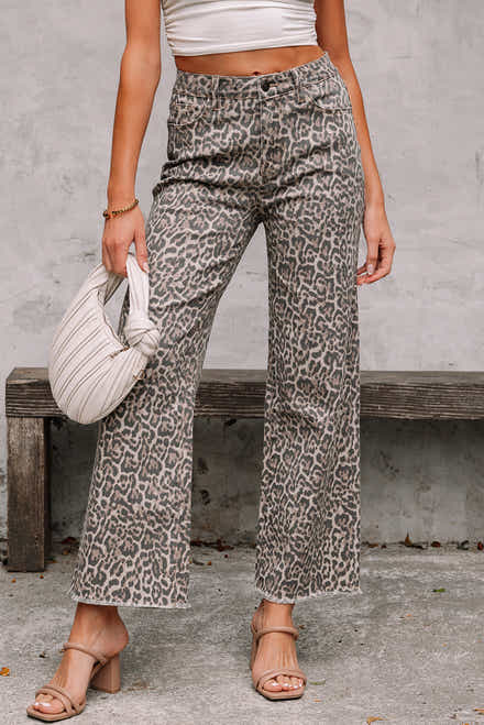 Brown Leopard Frayed Edge Wide Leg High Waist Jeans - Damesmode Afbeelding 1