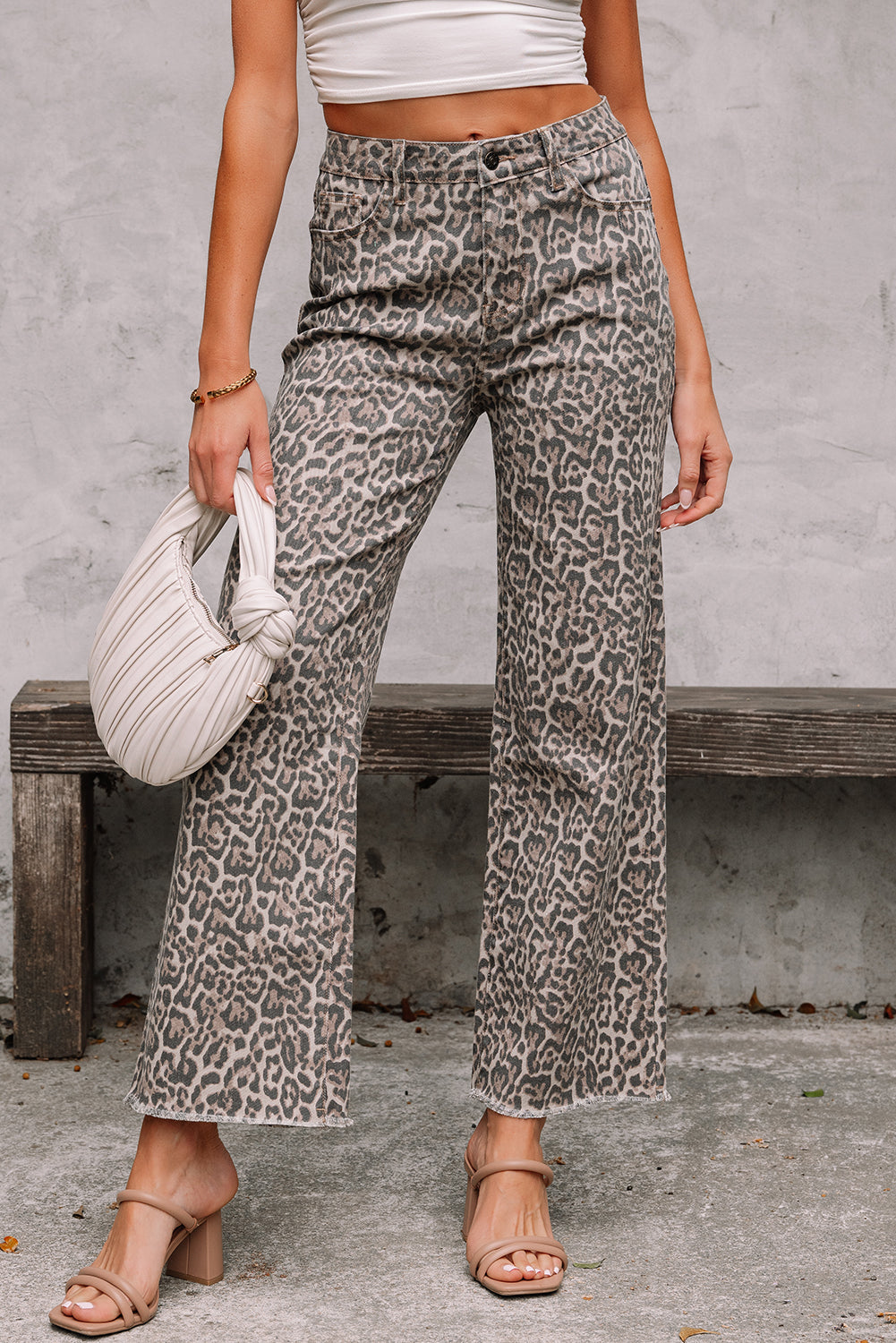 Brown Leopard Frayed Edge Wide Leg High Waist Jeans - Damesmode Afbeelding 1