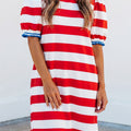 Blue Stripe Contrast Trim Round Neck Short Puff Sleeve Shift Mini Dress - Damesmode Afbeelding 4 - Foto 4