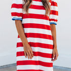 Blue Stripe Contrast Trim Round Neck Short Puff Sleeve Shift Mini Dress - Damesmode Afbeelding 4 - Thumbnail