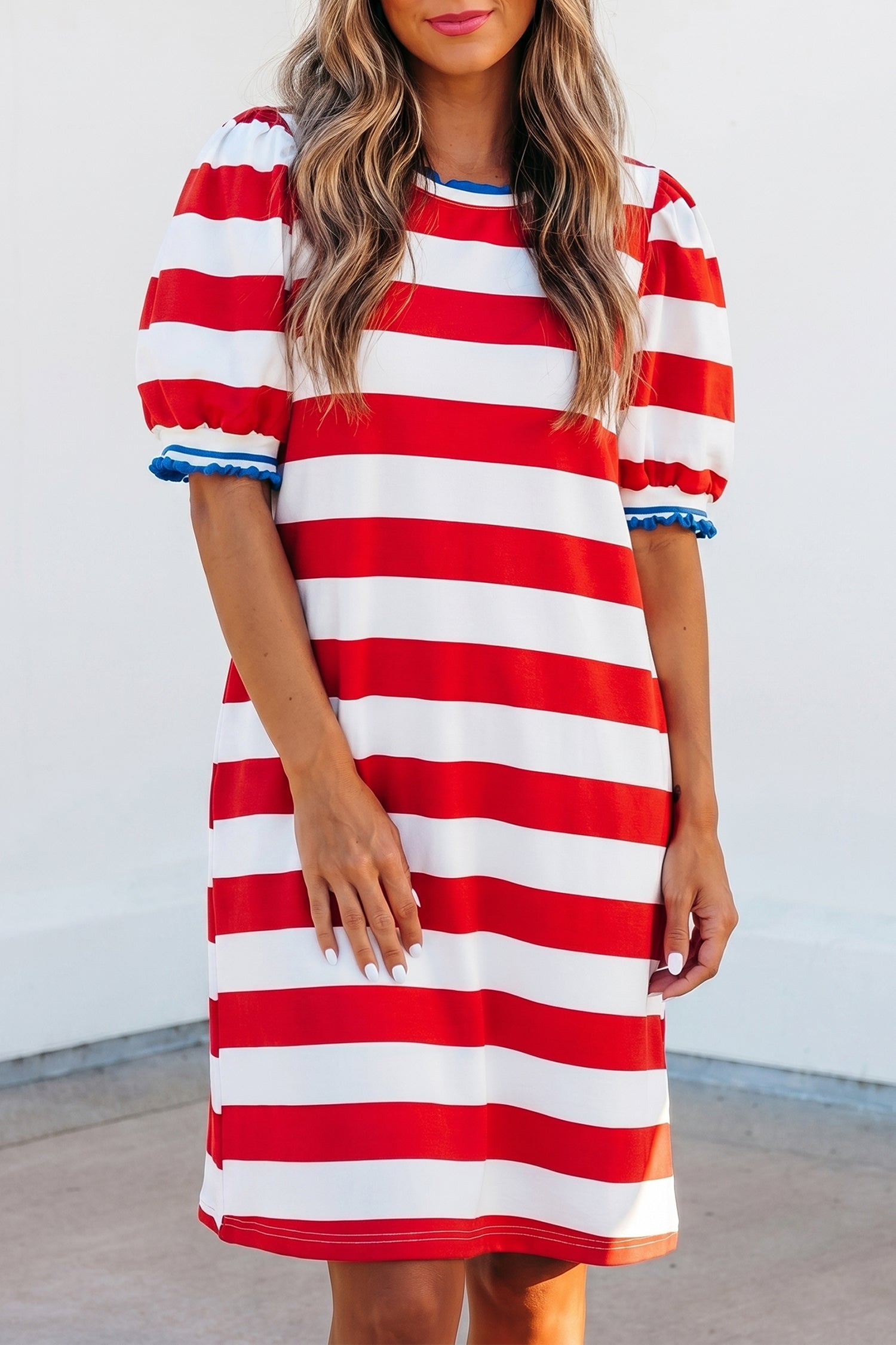 Blue Stripe Contrast Trim Round Neck Short Puff Sleeve Shift Mini Dress - Damesmode Afbeelding 4