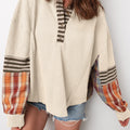 Straw Yellow Waffle Stripe Plaid Patchwork Henley Knit Top - Foto 4