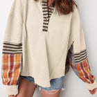 Strohgelber Waffelstreifen-Karo-Patchwork-Henley-Strickoberteil - Thumbnail