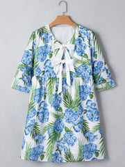 Sky Blue Palm Floral Print Contrast Ribbon Knot Ruffle Tiered Sleeve Mini Dress - Miniatuur
