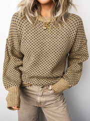 Maglione a maniche lunghe con stampa geometrica cachi, spalle a scollo rotondo e scollo a scena - Miniatuur