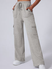 Light Grey Multi Pockets Lace-up High Waist Wide Leg Workout Pants - Miniatuur