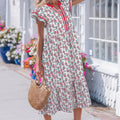 Vestido largo de manga relleno de manga relleno estampada de girasol azul cielo con ribetes de rayas y parches - Foto 6