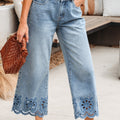 Dämmerungsblo bestickte kuerz Jeans mat breede Been, héich Taille - Foto 4