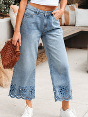 Tusmørkeblå broderede, bredbenet og højtaljede jeans - Miniatuur