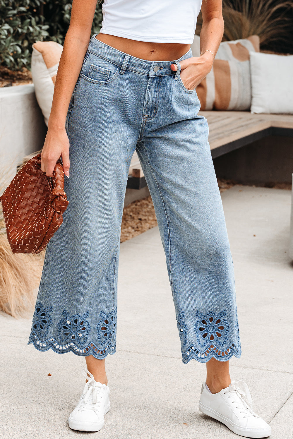 Jeans taille haute brodés à jambes larges brodés de tailles longues bleu crépuscule