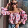 Printed Off-Shoulder Flounce Sleeve Blouse