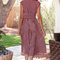 Red Plaid Print Full Zipper Cinched Waist Fit Flare Sleeveless Maxi Dress - Foto 2