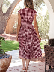 Red Plaid Print Full Zipper Cinched Waist Fit Flare Sleeveless Maxi Dress - Miniatuur