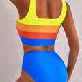 Blue Colorblock Square Neck Top Pleated High Waisted Bikini - Damesmode Afbeelding 4 - Foto 4