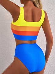 Blauer Colorblock Quadrathals-Top-Falten-Bikini mit hoher Taille – Damesmode Afbeelding 4 - Miniatuur