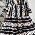 Black Geometric Print V Neck Ruffled Dress - Damesmode Afbeelding 3 - Foto 3