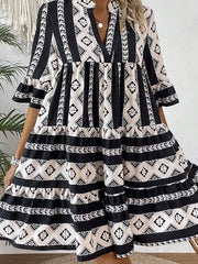 Black Geometric Print V Neck Ruffled Dress - Damesmode Afbeelding 3 - Miniatuur