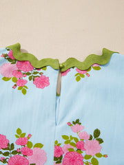 Himmelsblå blommig klänning med kontrast i Ricrac-detalj med bubble sleeve - Miniatuur