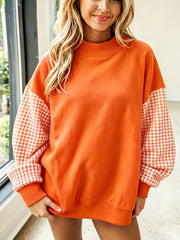 Russet Orange Plaid Sleeve Colorblock Loose Tunic Sweatshirt - Miniatuur
