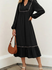 Robe longue à manches à manches contrastantes avec col en V et col en V - Damesmode Afbeelding 3 - Miniatuur