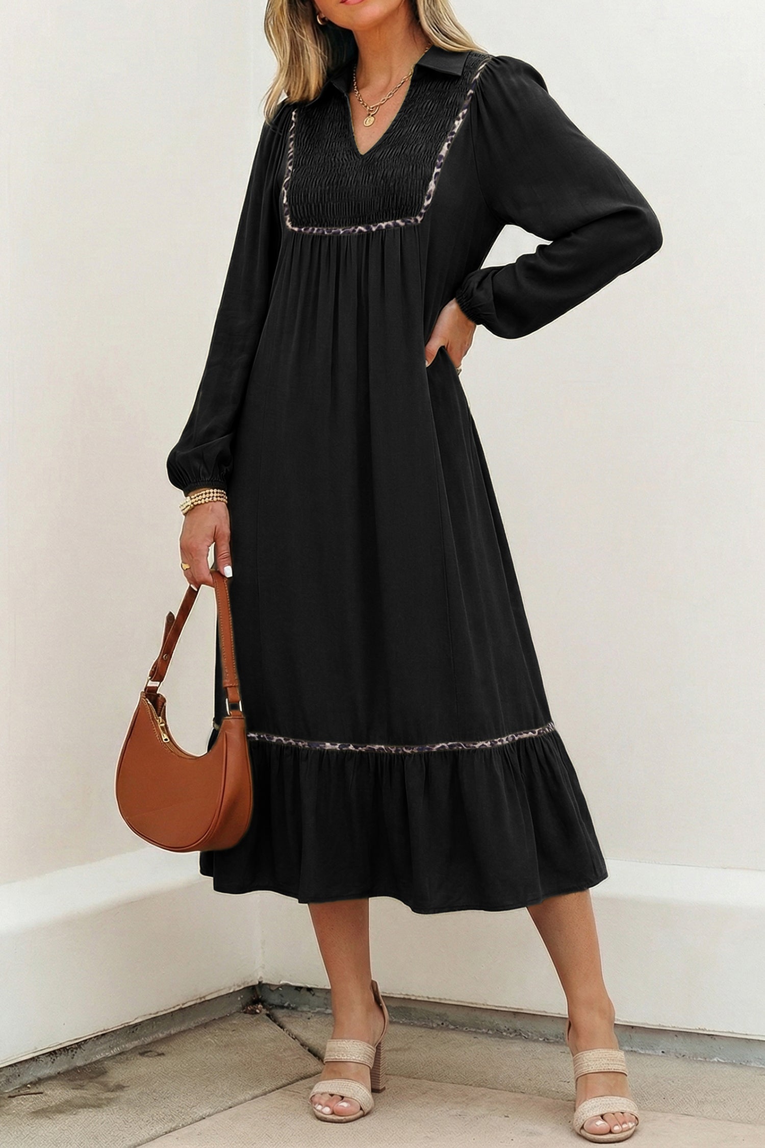Black Collared V Neck Smocked Detail Contrast Leopard Trim Bracelet Sleeve Long Dress - Damesmode Afbeelding 3