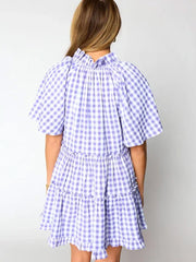 Lavendula Karo-Rüschen Weites Kurzarm-Babydoll-Minikleid - Miniatuur