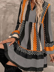 Robe mini à manches noires à pois à volants et ourlet à col V - Damesmode Afbeelding 5 - Miniatuur