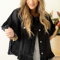 Black Raw Edge Ruffled Short Sleeve Denim Jacket - Damesmode Afbeelding 4 - Foto 4