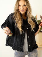 Chaqueta vaquera negra de manga corta con volantes con borde crudo - Damesmode Afbeelding 4 - Miniatuur