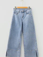 Beau Blue Mid Rise Pearl Embellished Split Wide Leg Jeans - Damesmode Afbeelding 7 - Miniatuur