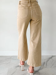 Red Sandalwood Solid Color Seamed Center Wide Leg Cropped Jeans - Miniatuur