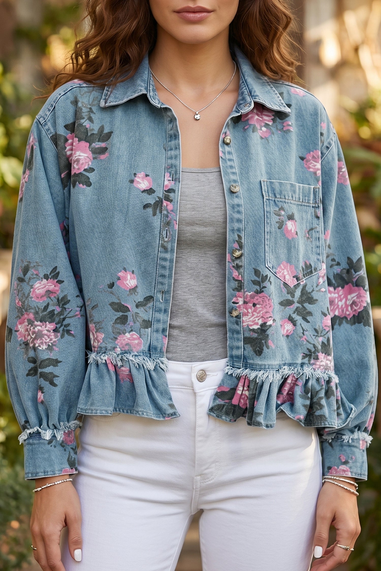 Dunkelblaue Jacke mit Blumenmuster und Rüschen-Saum