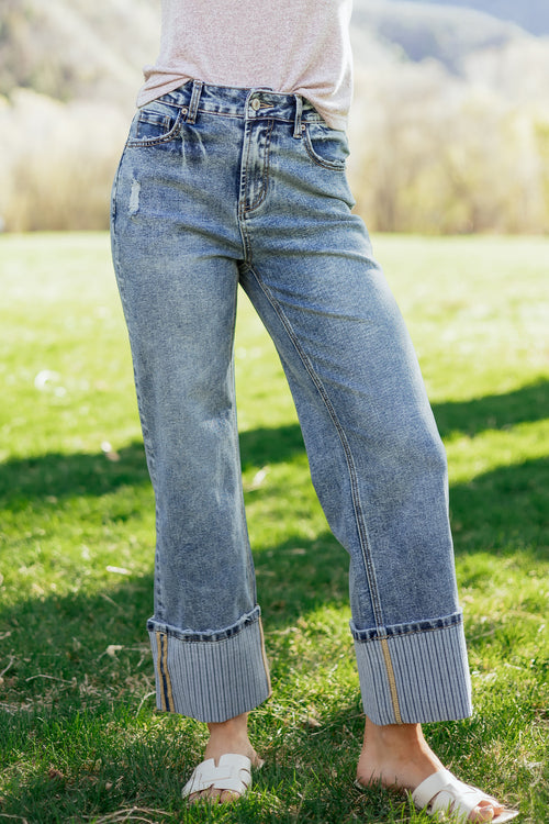 Ashleigh Blue Cuffed Straight Loose Jeans - Damesmode Afbeelding 1