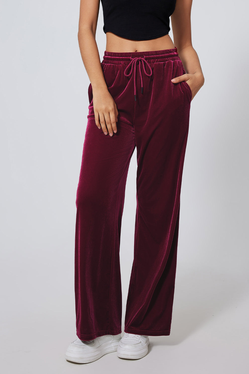 Pantalon à cordon fixe uni, taille à jambes larges