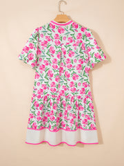Mehrfarbiges süßes Blumenmuster, gestreiftes Farbblock-Kurzkleid - Miniatuur